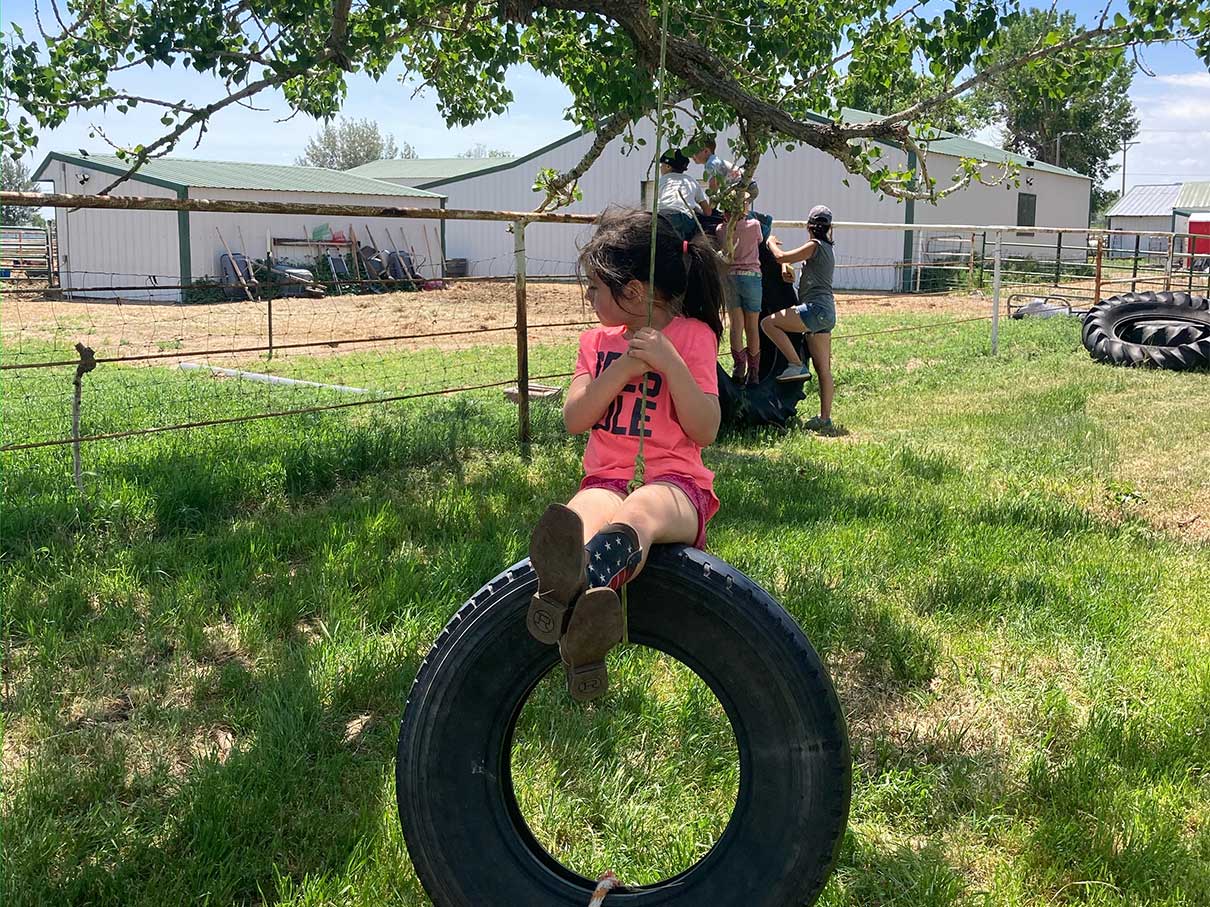 Summer camp little girl on tire swing